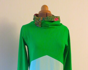 Tshirt bicolore manches longues femme en jersey de coton bio RIGA -  vert batik