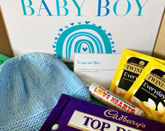 Caja de regalo para bebé recién nacido / Gorro de punto, chocolate, té