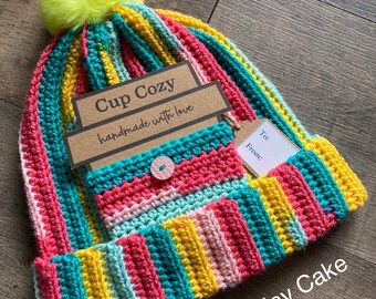 Handmade Crochet Rainbow Beanie with Faux PomPom & Cup Cozy (Listing 3)