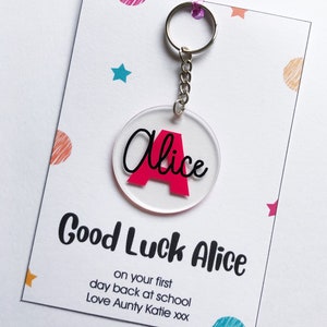 Personalised Good Luck first day back to school / New School /keyring / bag tag gift on personalised postcard nursery primary secondary job