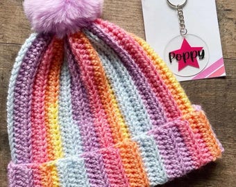 Children’s / Kids Handmade Crochet Rainbow Beanie with personalised keyring | Birthday | Back to school | Christmas gift | Stocking filler