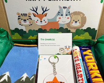 Caja de regalo de cumpleaños SAFARI / Abrazo de la jungla personalizado en una caja / Regalo para niños y niñas en buzón / Que te mejores pronto / Eres increíble / ¡Qué valiente!