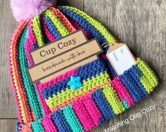 Handmade Crochet Bold Rainbow Beanie with personalised keyring or cup cozy | Adult and Kids | Matching mum & daughter | Christmas gift