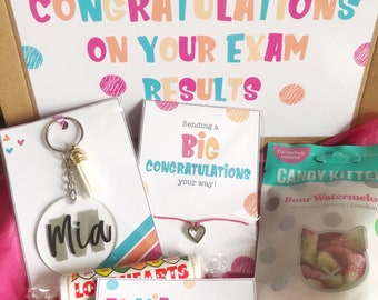 Personalised Congratulations on Exam Results Letterbox Gift BFF, Bestie Friend Well done A Levels GCSEs congrats hug in a box rainbow spots