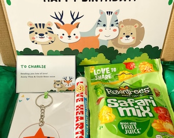 Caja de regalo de cumpleaños SAFARI / Abrazo de la jungla personalizado en una caja / Regalo para niños y niñas en buzón / Tan valiente / Que te mejores pronto / Eres genial