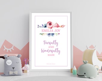 Fearfully and Wonderfully made Psalm 139:14, Girls, floral watercolour personalised print, christian, christening, dedication bible baptism