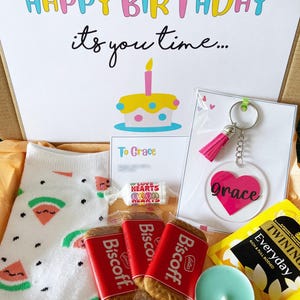 Personalised Birthday Gift Box | Keyring, Socks, Biscuits & Tea