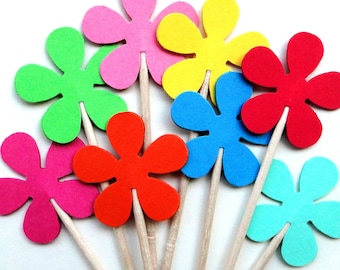 24 adornos florales retro para cupcakes: palitos florales coloridos para fiestas, brochetas de frutas y aperitivos.