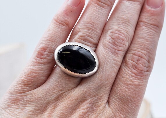 Large Horizontal Black Onyx Ring Set In Sterling Silver With A Wide U Shaped Band Size