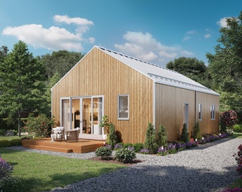 967 SF (90 m2), 3 slaapkamers en 2 badkamers, minimalistisch huisplan - pdf's en CAD-bestanden