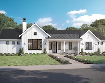 1400 SF 2 slaapkamers en 2 badkamers moderne boerderijplattegrond - pdf's en CAD-bestanden