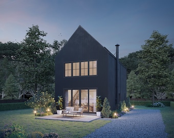May include: A black modern house with large windows and a patio with furniture. The house is surrounded by trees and bushes.