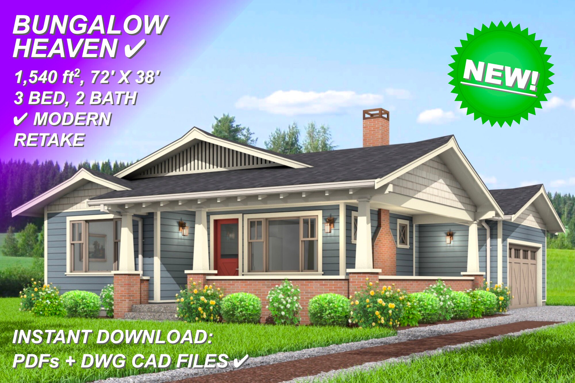 1540 SF 3 Bedroom 2 Bath Bungalow Heaven House Plan Pdfs & Etsy