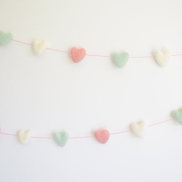 Mint Pink White Felt Heart Garland, Nursery Bunting, Kids Room Decor, Heart Banner Photo Prop, Girl Nursery Decor, Girl Room, Pink Birthday