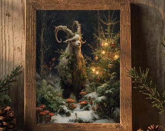 Krampus Forest Spirit Print | Yule Goat Christmas Art, Dark Cottagecore Holiday Wall Art, Mushroom Winter Fantasy Decor, Woodland Download