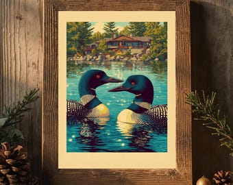 Hockey Romance Inspired Art Print | Loons at the Cottage | Queer Love Wall Art | Vintage Lake House Decor | Inspired by Heated Rivalry