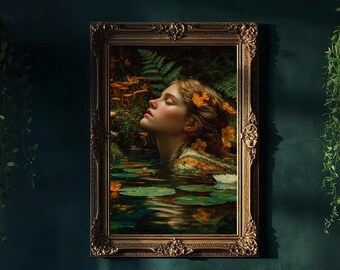Ophelia Inspired Art Print – Shakespeare Wall Art, Fairytale Cottagecore Decor, Pre-Raphaelite Water Nymph Poster, Romantic Woman Artwork