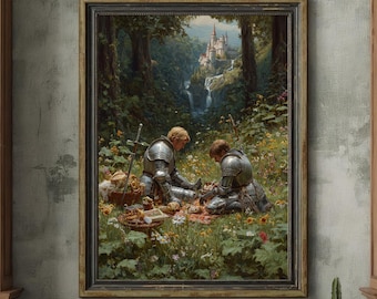 Fantasy Art Digital | Gay Knights Romance Print, Masculine Wall Art, Castlecore LGBTQ Picnic Illustration, Queer Fantasy Digital Download