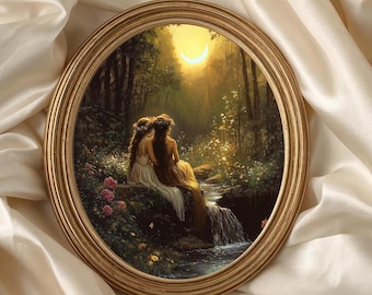 Sapphic Woodland Lovers Digital Print | Romantic Fantasy Crescent Moon Art | Whimsigoth Queer Pride Wall Decor | Enchanted Forest Faries