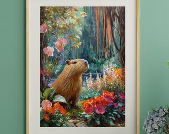 Rainforest Capybara Print | Maximalist Dopamine Decor | Tropical Wall Art | Weirdcore Animal Digital Download | Cute Jungle Illustration