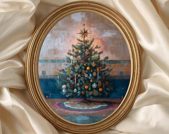 Whimsical Vintage Christmas Tree Art | Solstice Yule Printable | Cottagecore Holiday Wall Decor | Retro Winter Christmas Illustration