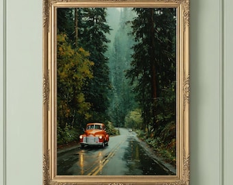 Moody Forest Road Wall Art | Twilight Inspired Red Chevy Truck Print | Rainy Pacific Northwest Fantasy Landscape Decor