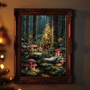 Enchanted Forest Christmas Tree Wall Art | Yule Solstice Printable | Whimsigoth Mushroom Holiday Decor Poster | Fantasy Fae Digital Print