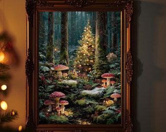 Enchanted Forest Christmas Tree Wall Art | Yule Solstice Printable | Whimsigoth Mushroom Holiday Decor Poster | Fantasy Fae Digital Print