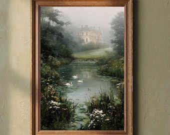 Jane Austen Inspired Wall Art, Regency Manor Landscape Printable, Pride and Prejudice Home Decor, Romantic English Countryside Art Print