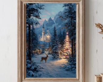Winter Castle Forest Wall Art | Castlecore Fantasy Print | Enchanted Snowy Landscape | Cozy Holiday Reindeer Scene | Winter Court
