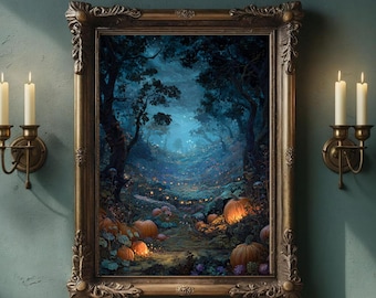 Moody Pumpkin Forest Path Print | Whimsical Halloween Wall Art | Cozy Cottagecore Autumn Decor | Enchanted Dark Academia Digital Download