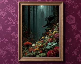 Dragon in Gothic Forest Fantasy Art Print | Dark Academia Wall Decor | Whimsigoth Digital Download | Castlecore Booktok Spooky Gothic Poster