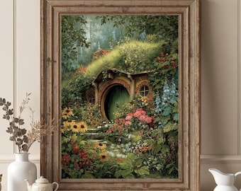 Cozy Fantasy Cottage Wall Art | Whimsical Forest Home Illustration | Sage Green Cottagecore Digital Download
