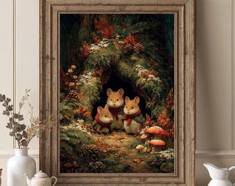 Enchanted Woodland Mouse Family Print | Cozy Forest Wall Art | Yule Solstice Holiday Decor | Cottagecore Winter Digital Download