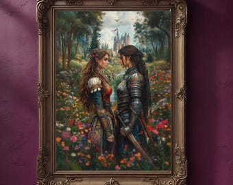 Sapphic Fantasy Art Print | Queer Pride Wall Art | Female Knight & Princess Digital Download | Moody Fairytale Forest Castlecore Decor