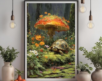 Whimsical Turtle Art Print | Enchanted Forest Cottagecore Wall Decor, Mushroom Fantasy Woodland Nursery Artwork, Nature Lover Gift