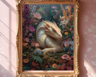 Whimsigoth Dragon Wall Art | Fantasy Floral Dragon Print | Whimsical Cottagecore Iridescent Dragon Art for Book Lovers