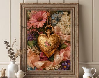 Golden Heart Locket Art Print | Vintage Inspired Floral Valentine Wall Art, Cottagecore Coquette Decor, Romantic Botanical Artwork