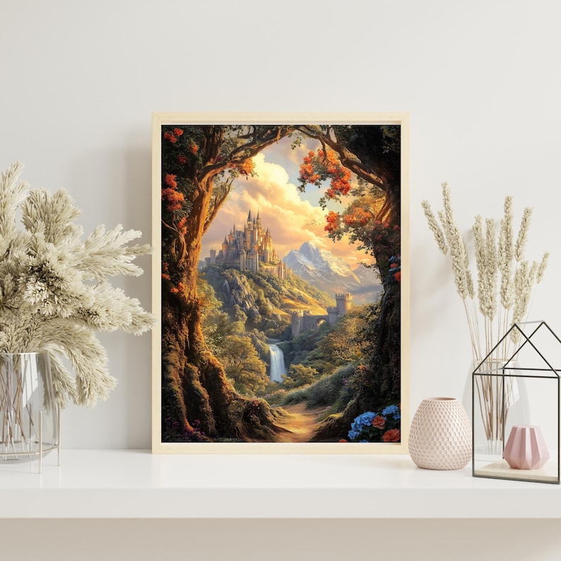 Castlecore art print styled on a light-colored shelf with pampas grass and soft neutral decor. Features a mystical forest path and fantasy kingdom beyond. Perfect for romantasy home decor, bookworm gifts, or bookshelf styling. Inspired by epic fantasy and magical kingdoms.