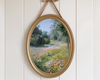 Bunny Meadow Art Print, Cottagecore Landscape Wall Art, Impressionist Pastel Spring Field, Whimsical Easter Decor