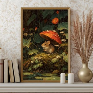 Cottagecore wall art print featuring a mouse with mushrooms, whimsical and magical woodland digital download.