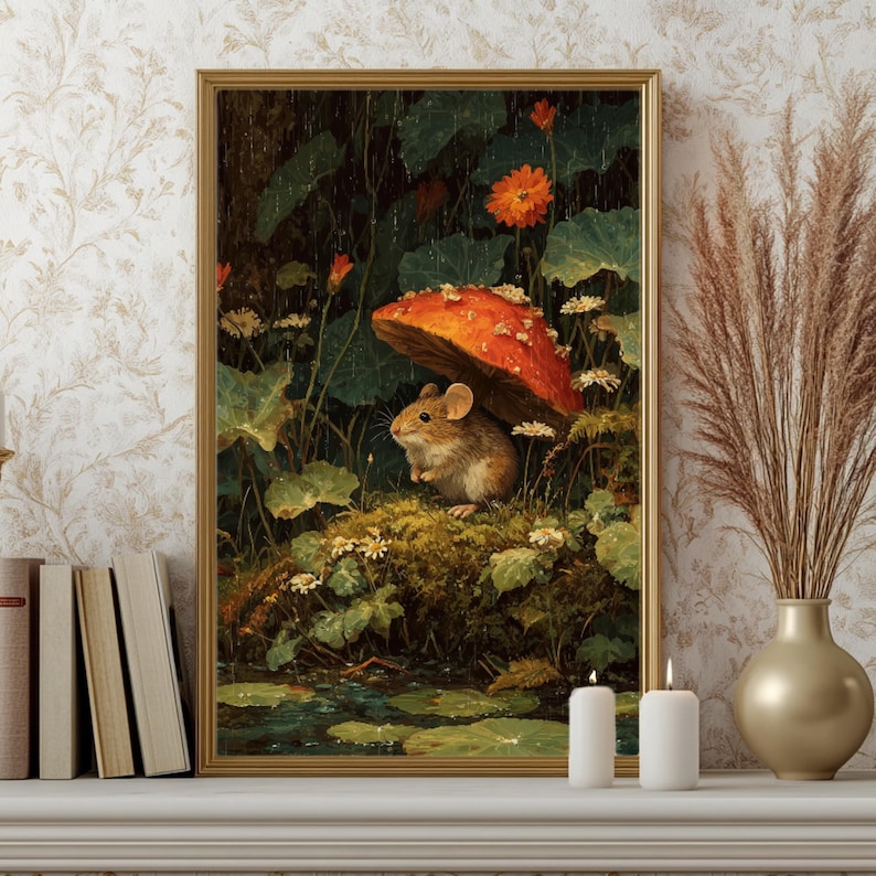 Cottagecore wall art print featuring a mouse with mushrooms, whimsical and magical woodland digital download.
