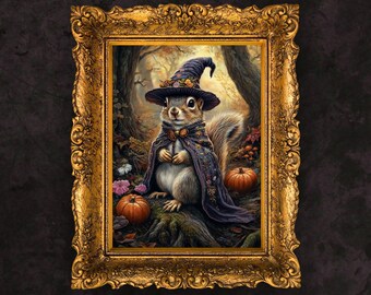 Halloween Squirrel Witch Art Print: Dark Academia Whimsigoth Decor (Digital Download)