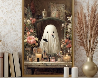 Whimsical Ghost Vanity Scene | Cottagecore Halloween Digital Art | Spooky Cute Wall Print | Cute Ghost Applying Lipstick | Coquette Core
