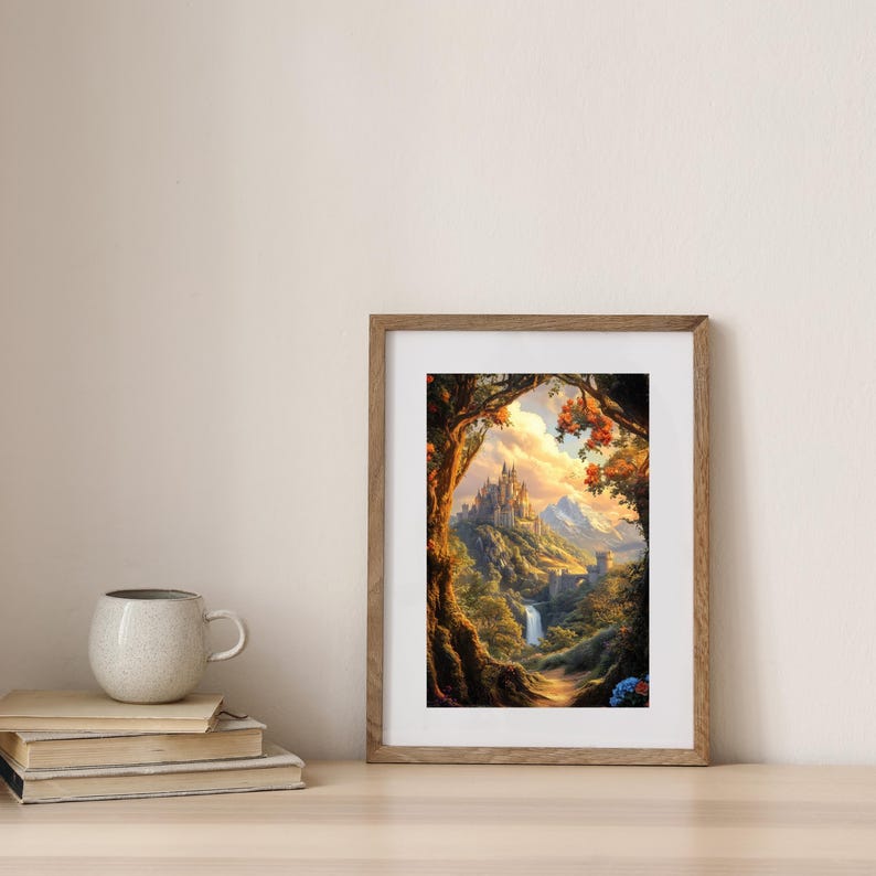 Fantasy castle art print in a white frame, styled on a beige wall with books and a ceramic mug. The scene depicts a magical valley and ethereal castle skies. Great for fantasy bookish decor, whimsigoth aesthetics, romantasy lovers, and Throne of Glass inspired interiors.