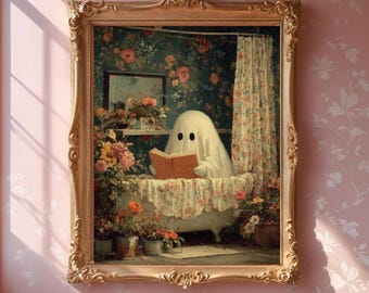 Cottagecore Ghost in Floral Bathtub | Whimsical Halloween Wall Art | Cozy Spooky Digital Download | Cute Spooky Whimsigoth Halloween Decor