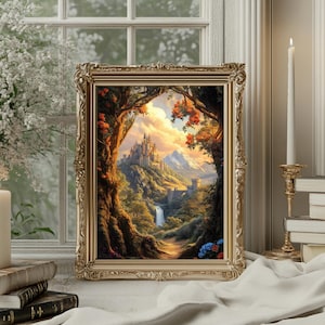Fantasy castle print framed in ornate gold, placed in a cozy floral-lit room. Glowing skies and enchanted forest scenery capture the essence of lost kingdoms. Great for whimsigoth interiors, romantasy collectors, and fairy-tale lovers who adore TOG, ACOTAR, and magical art.