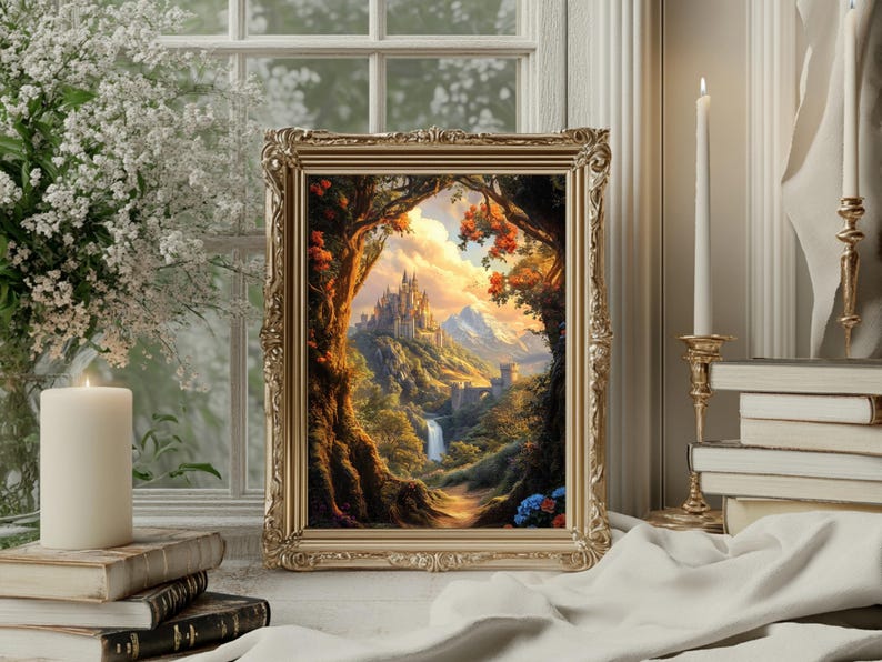 Fantasy castle print framed in ornate gold, placed in a cozy floral-lit room. Glowing skies and enchanted forest scenery capture the essence of lost kingdoms. Great for whimsigoth interiors, romantasy collectors, and fairy-tale lovers who adore TOG, ACOTAR, and magical art.