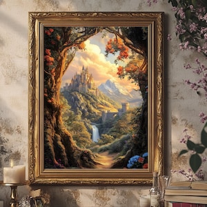 Mystical mountain and castle landscape framed in gold with soft violet florals nearby. Warm light and whimsical forest atmosphere evoke magical storytelling. Perfect romantasy wall art for cozy fantasy homes, TOG fans, or lovers of enchanted landscapes and magical kingdoms.