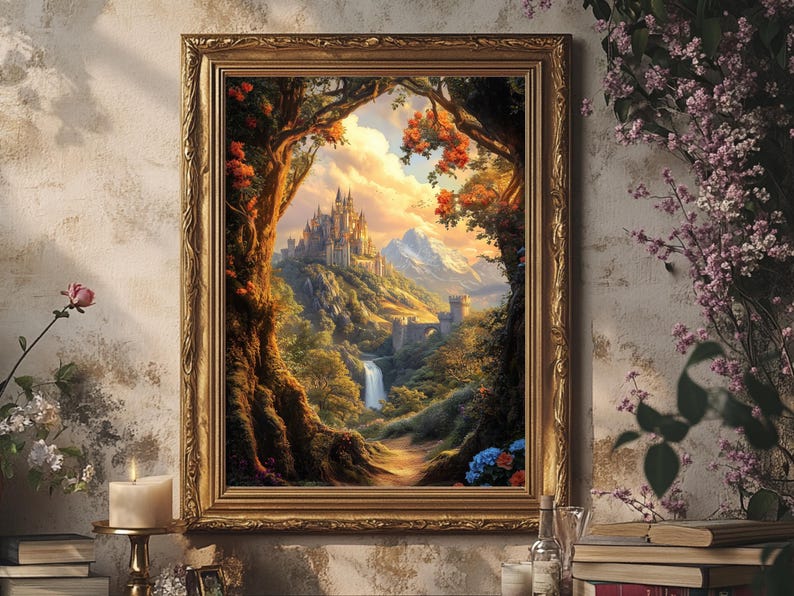Mystical mountain and castle landscape framed in gold with soft violet florals nearby. Warm light and whimsical forest atmosphere evoke magical storytelling. Perfect romantasy wall art for cozy fantasy homes, TOG fans, or lovers of enchanted landscapes and magical kingdoms.